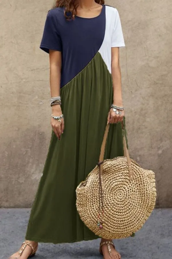 Color Contrast Short Sleeve Maxi Dress
