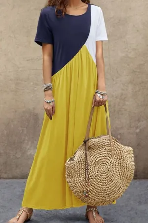 Color Contrast Short Sleeve Maxi Dress