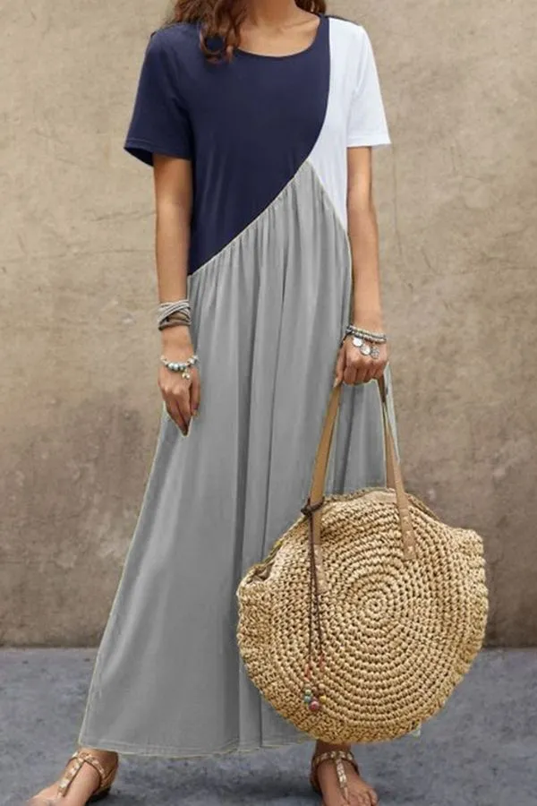 Color Contrast Short Sleeve Maxi Dress