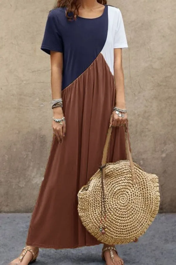 Color Contrast Short Sleeve Maxi Dress
