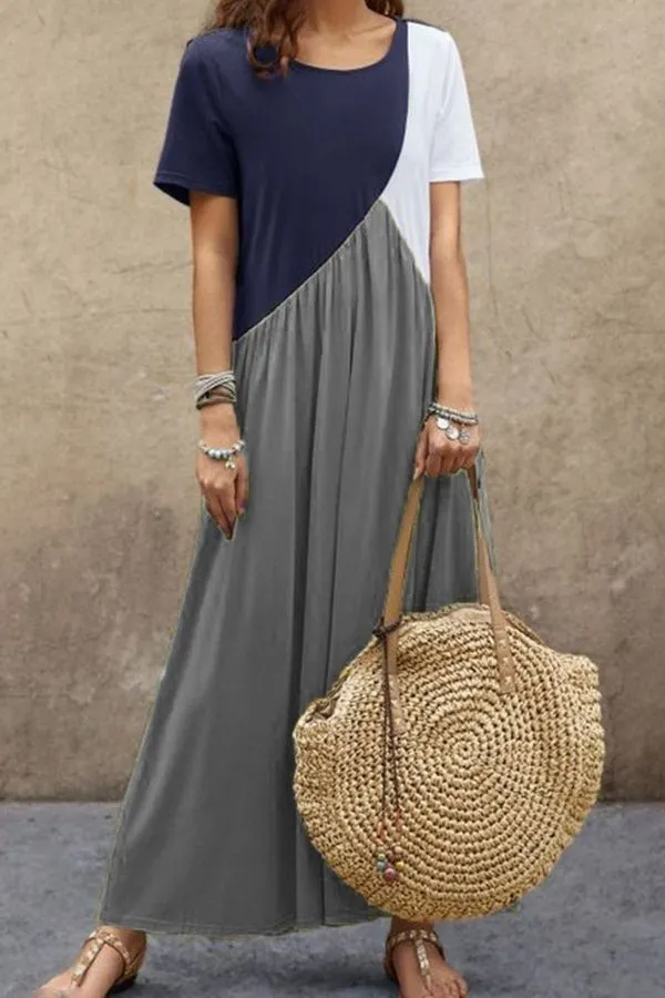 Color Contrast Short Sleeve Maxi Dress
