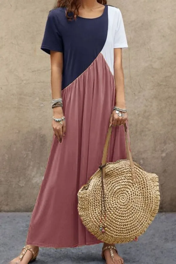 Color Contrast Short Sleeve Maxi Dress