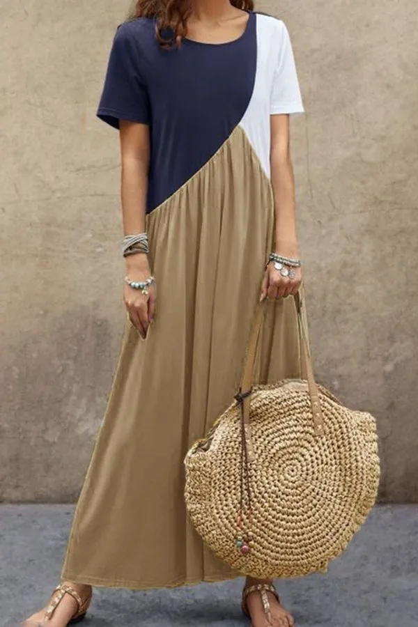 Color Contrast Short Sleeve Maxi Dress
