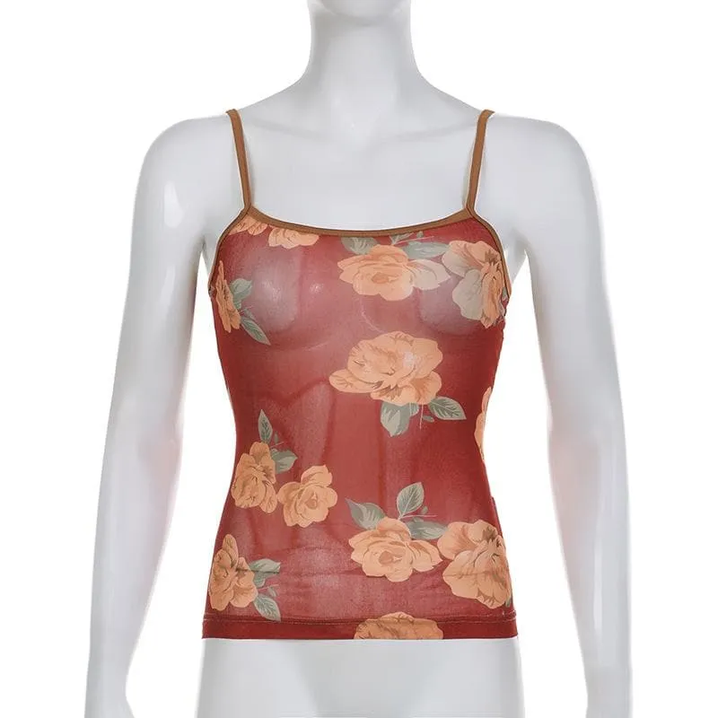 Contrast flower print mesh square neck cami top