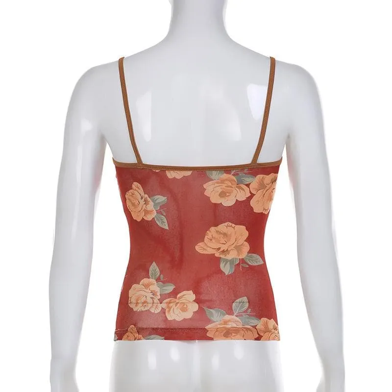 Contrast flower print mesh square neck cami top