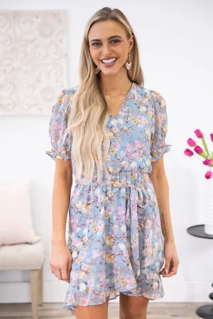 Cornflower Floral Print Puff Sleeve Dress