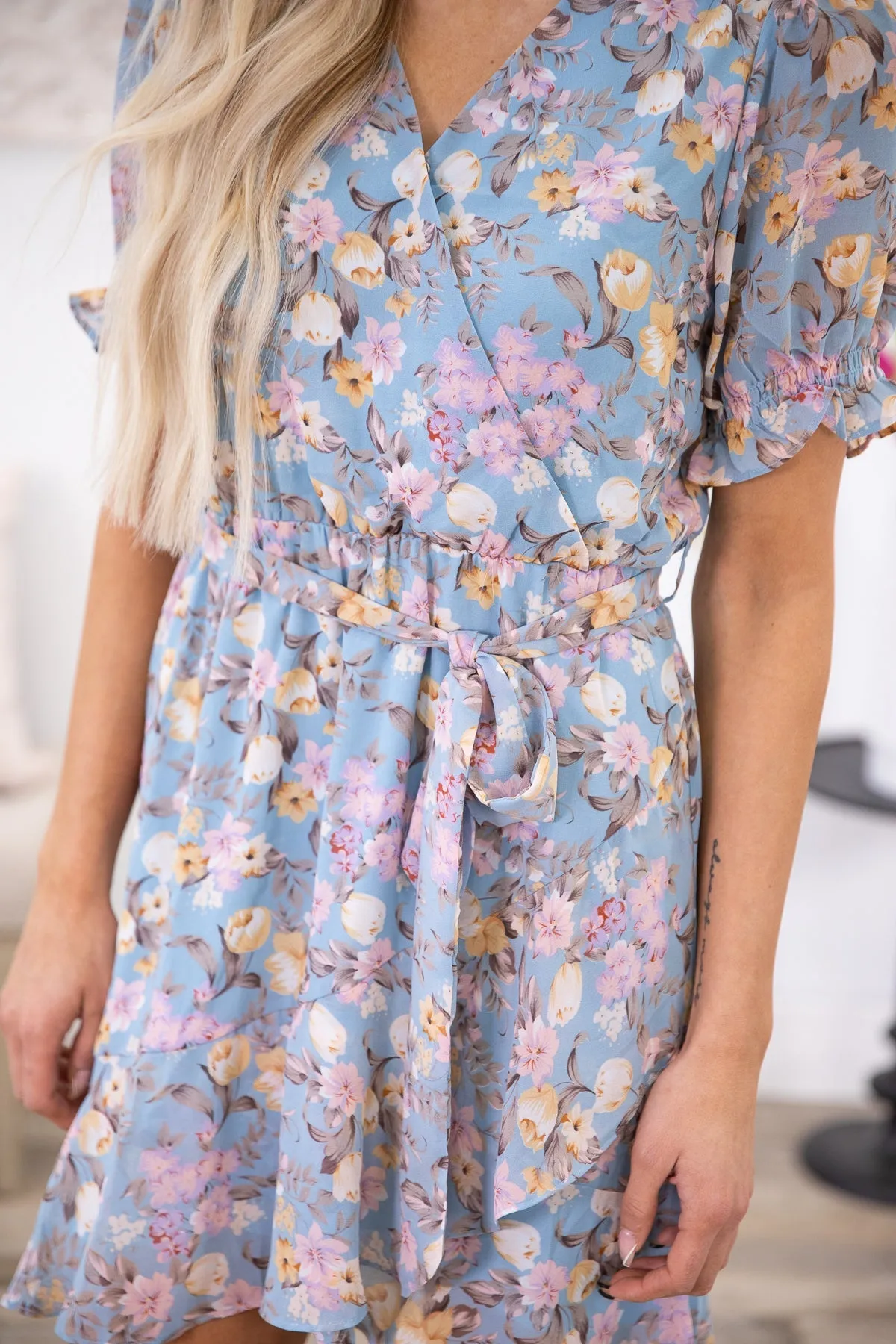 Cornflower Floral Print Puff Sleeve Dress