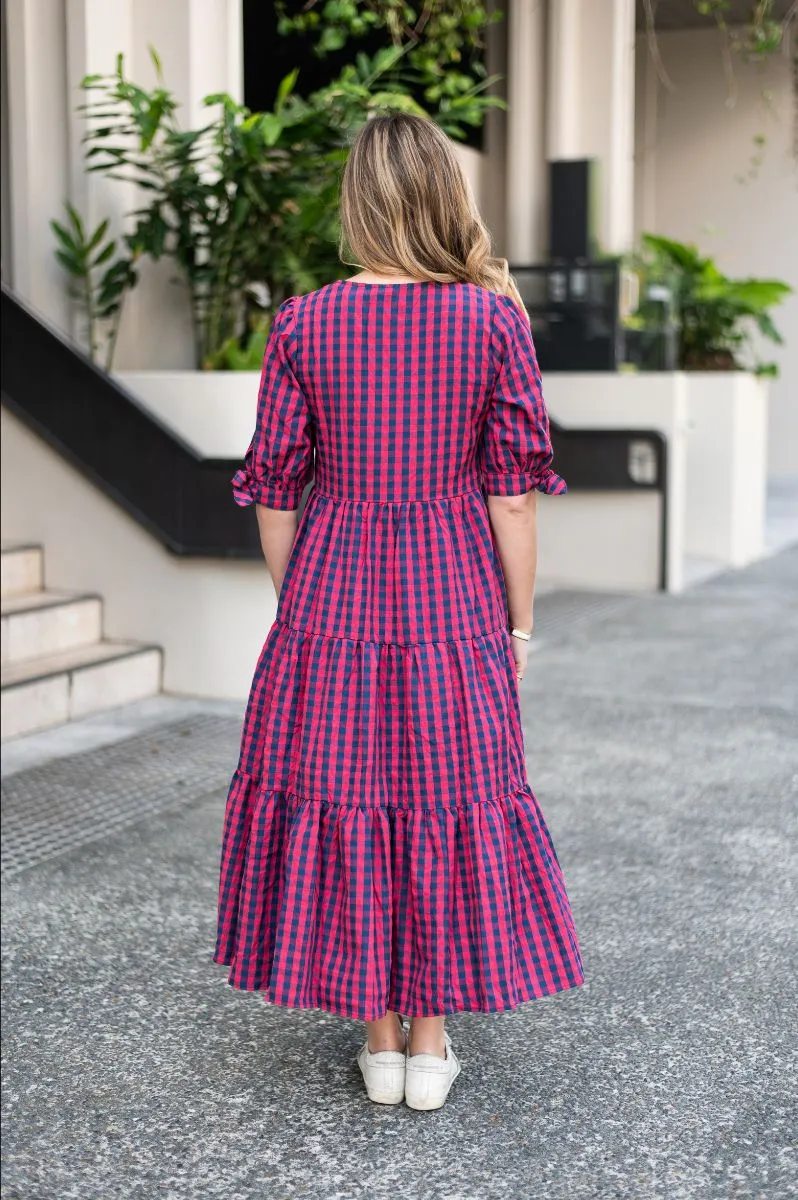 Cotton Gingham Maxi Dress In Pink/Navy