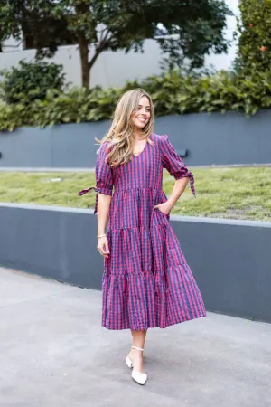 Cotton Gingham Maxi Dress In Pink/Navy