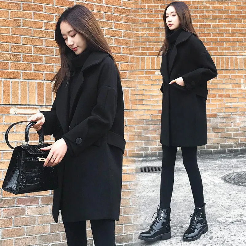 Cotton Thickened Mid-length Woolen Coat Autumn and Winter Loose and Thin Black Woolen Coat