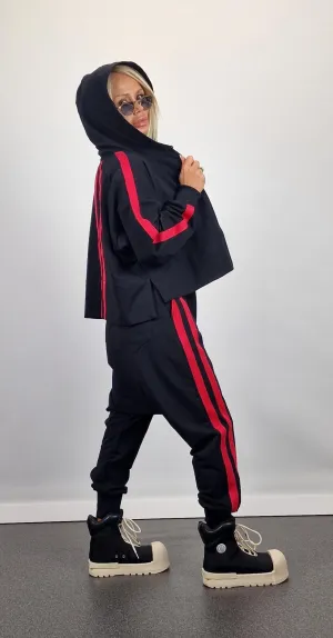 Cotton Women Set, Loose Harem Pants with Hoodie Longsleeve Sweatshirt, Jogging Set, Extravagant Women Set, Avant-garde Set, Black Suit