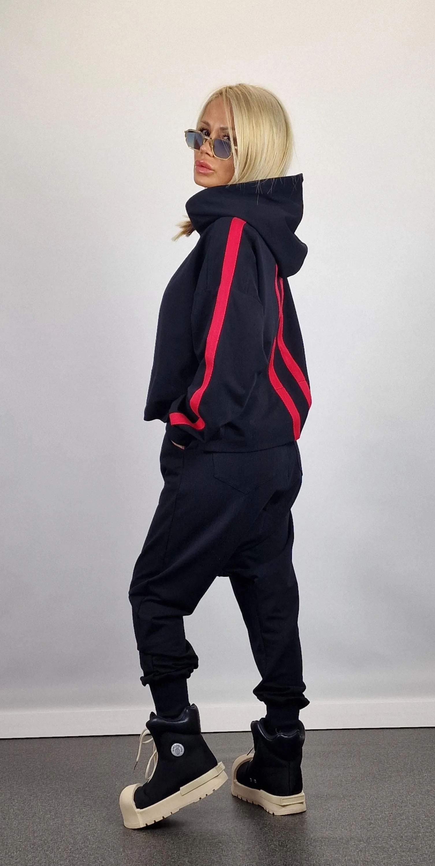 Cotton Women Set, Loose Harem Pants with Hoodie Longsleeve Sweatshirt, Jogging Set, Extravagant Women Set, Avant-garde Set, Black Suit