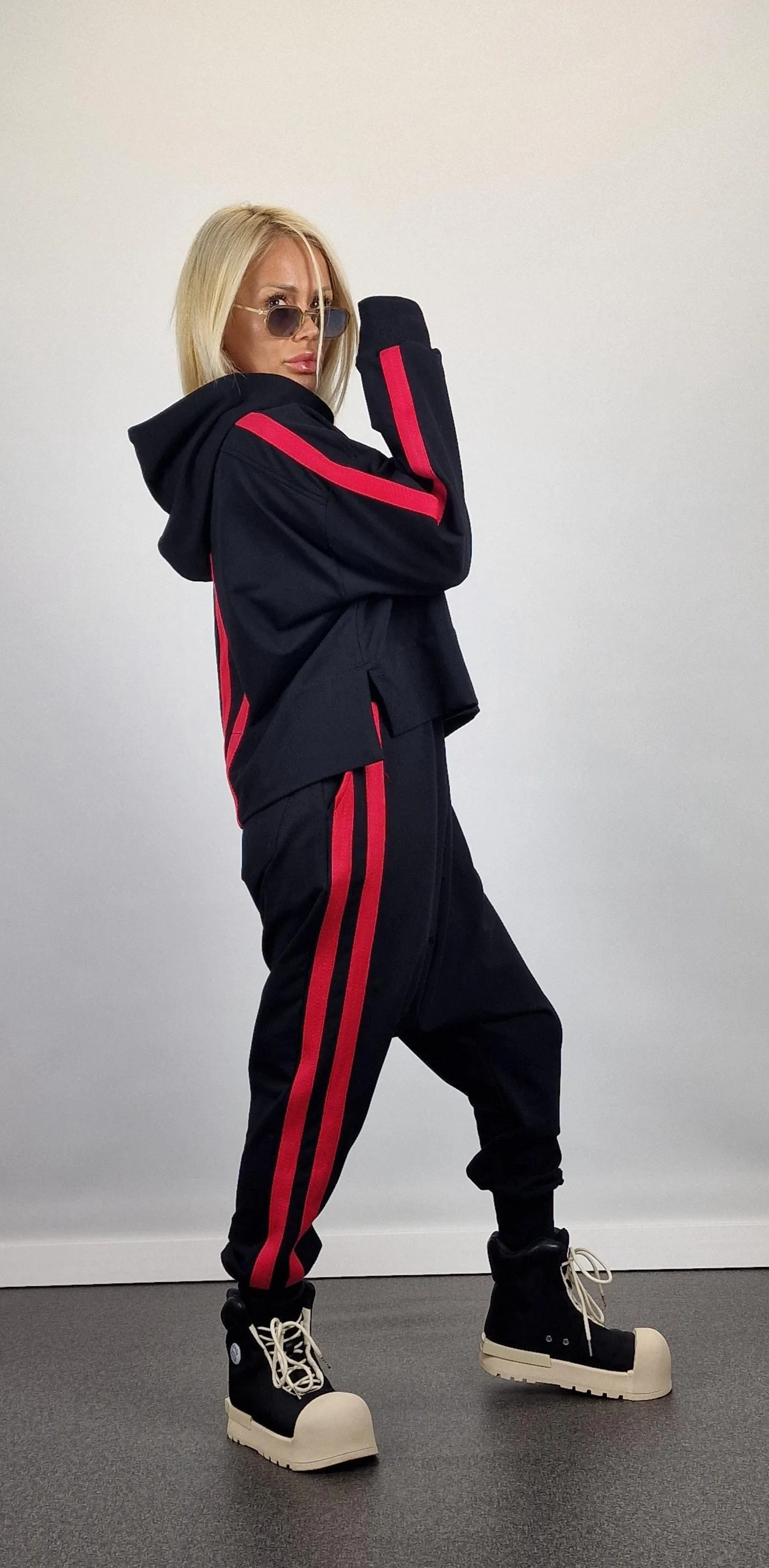 Cotton Women Set, Loose Harem Pants with Hoodie Longsleeve Sweatshirt, Jogging Set, Extravagant Women Set, Avant-garde Set, Black Suit