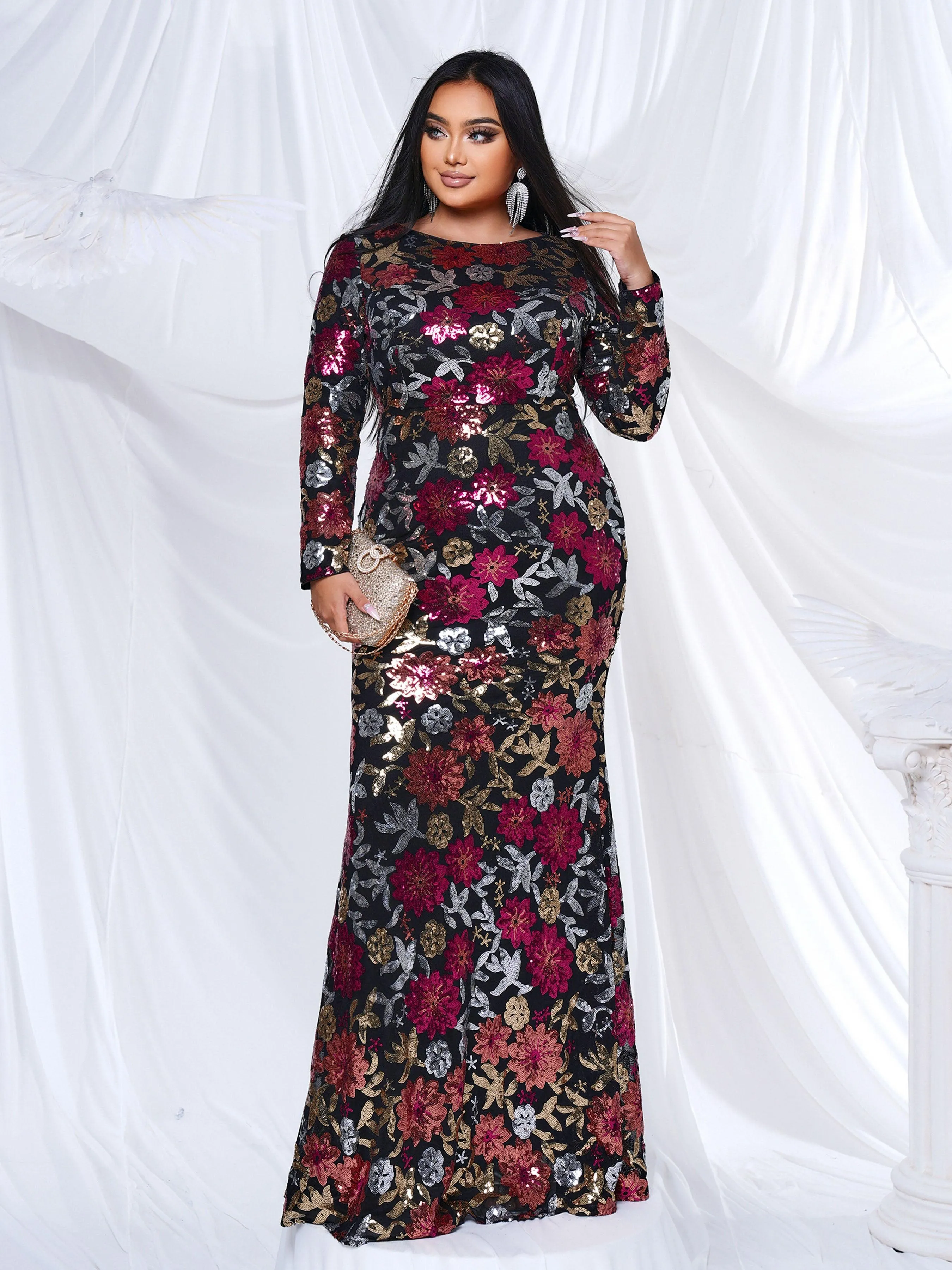Crew Neck Floral Sequin Dress RJ10987