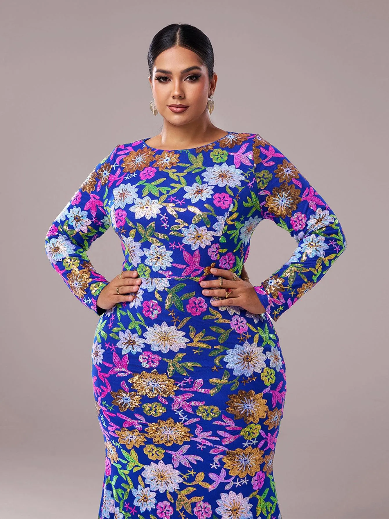 Crew Neck Floral Sequin Dress RJ10987