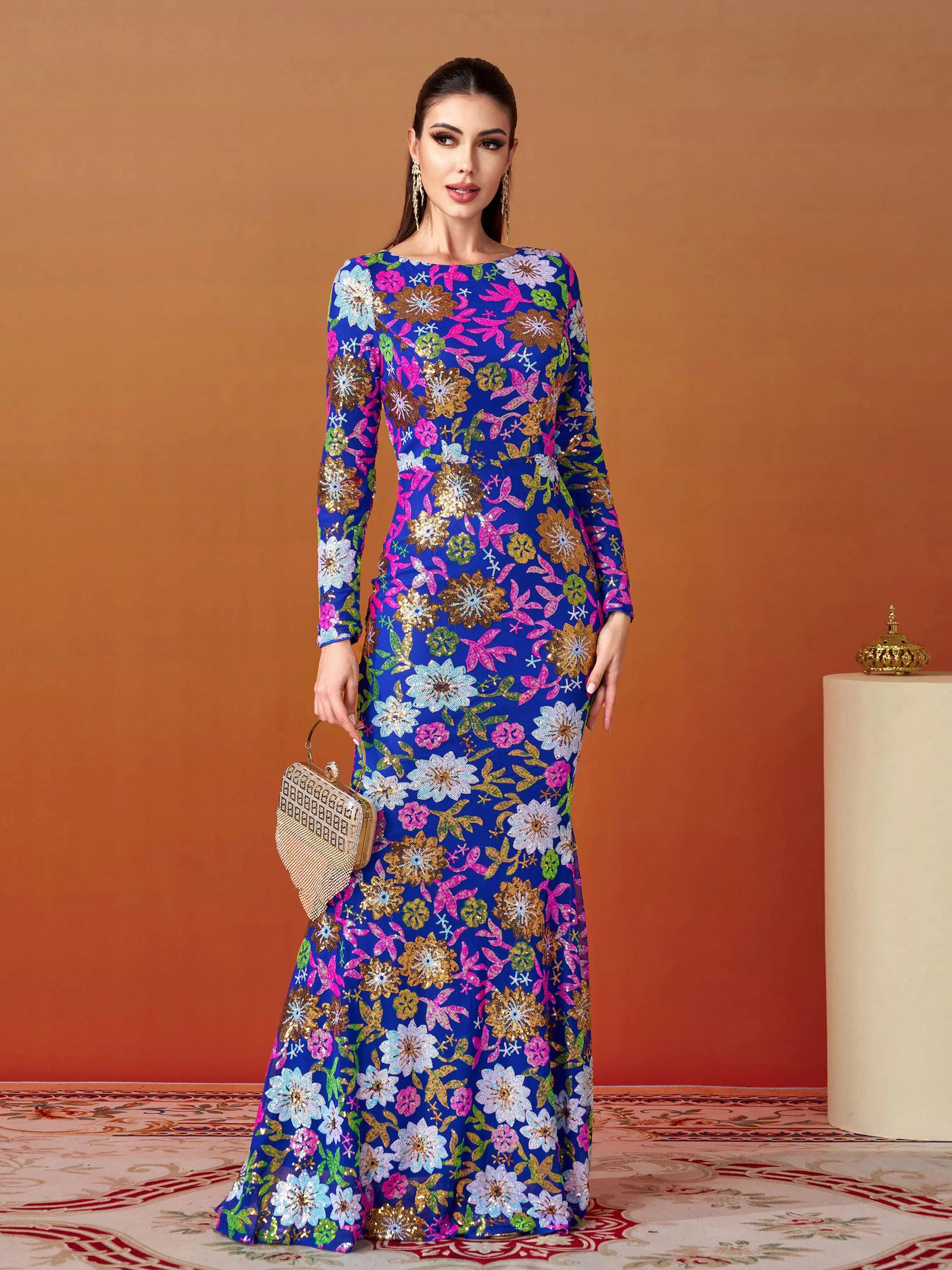 Crew Neck Floral Sequin Dress RJ10987