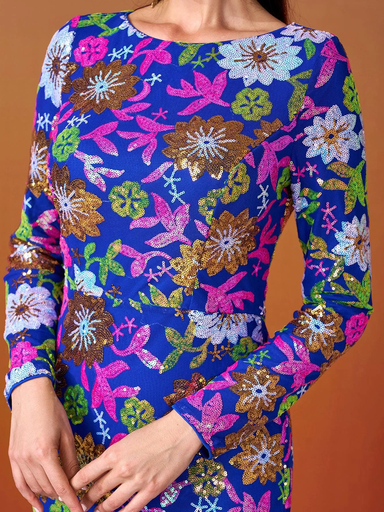 Crew Neck Floral Sequin Dress RJ10987