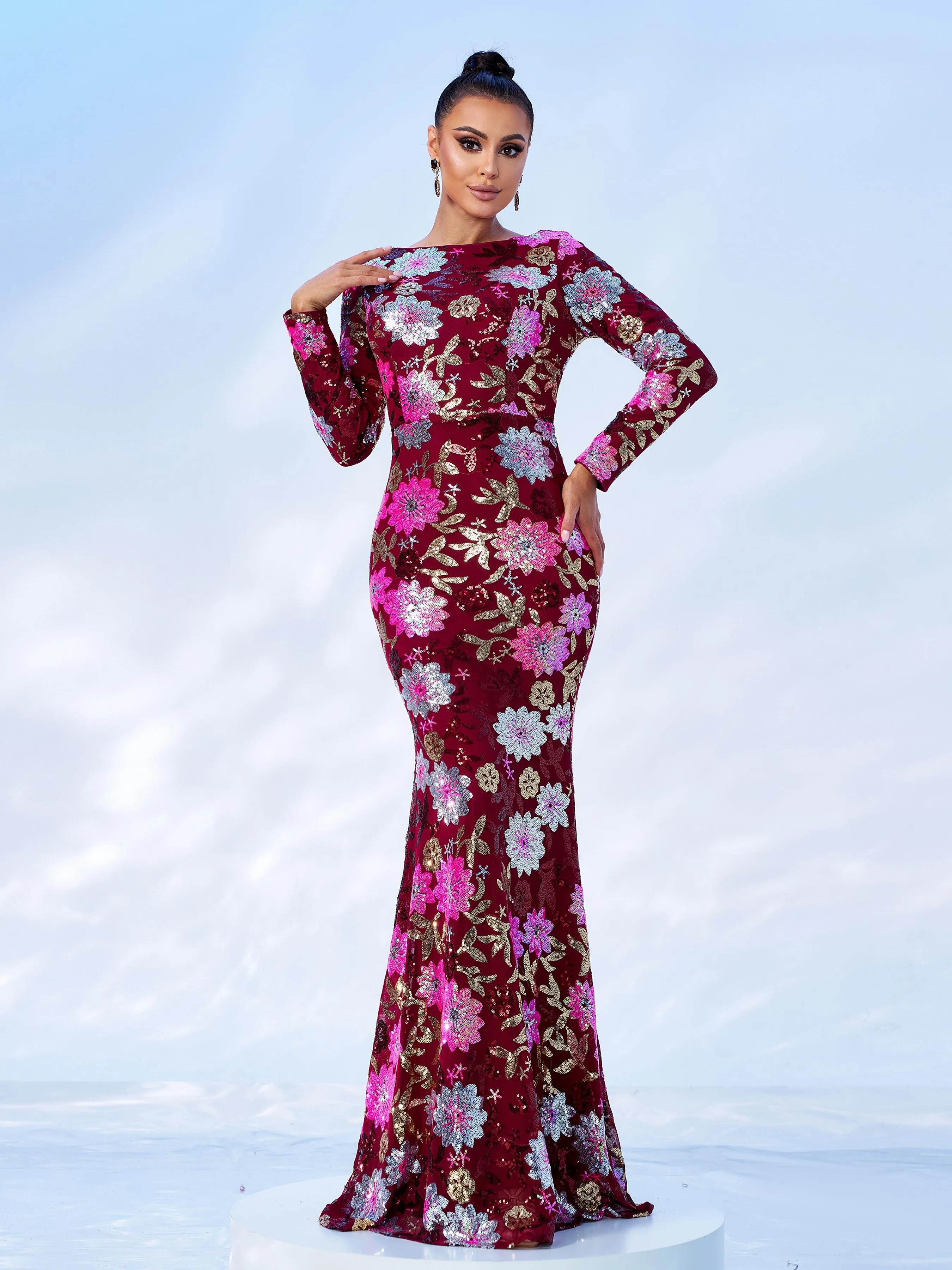 Crew Neck Floral Sequin Dress RJ10987
