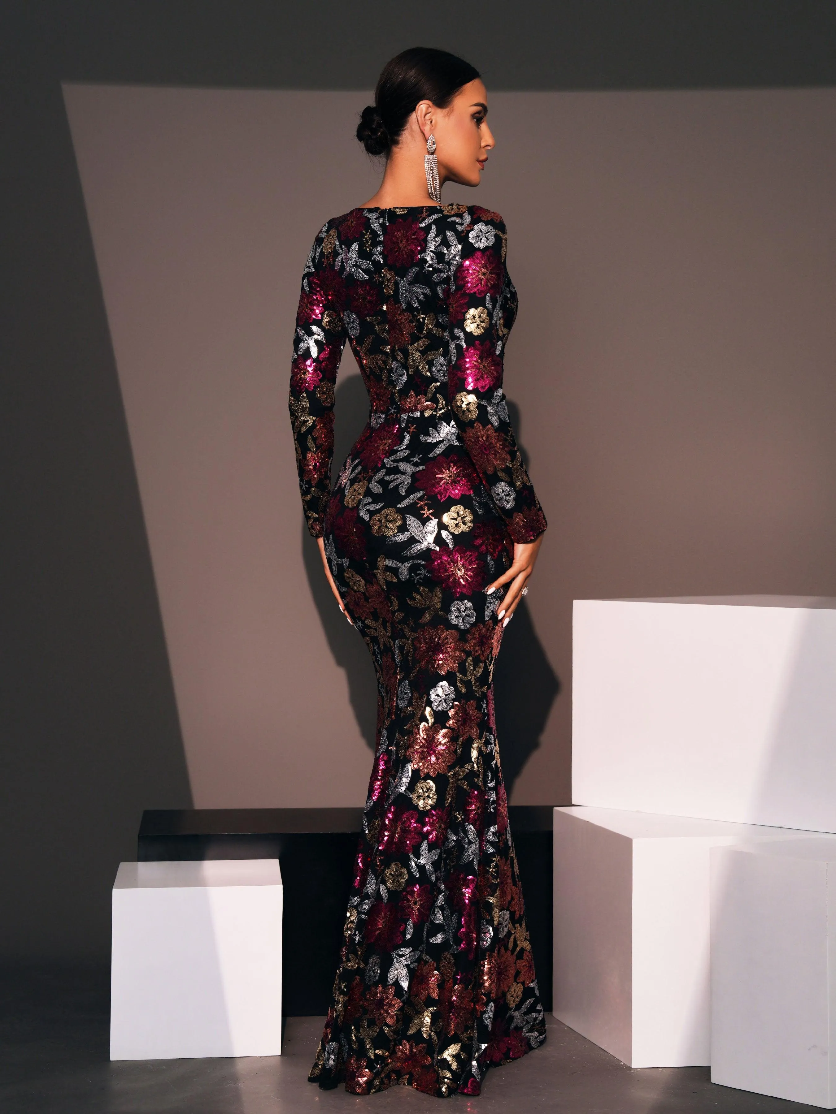 Crew Neck Floral Sequin Dress RJ10987
