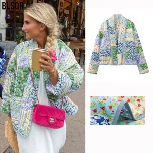 Cross-border women's clothing 2023 autumn and winter printing padded thin short contrasting color cotton-padded jacket women's top M6216