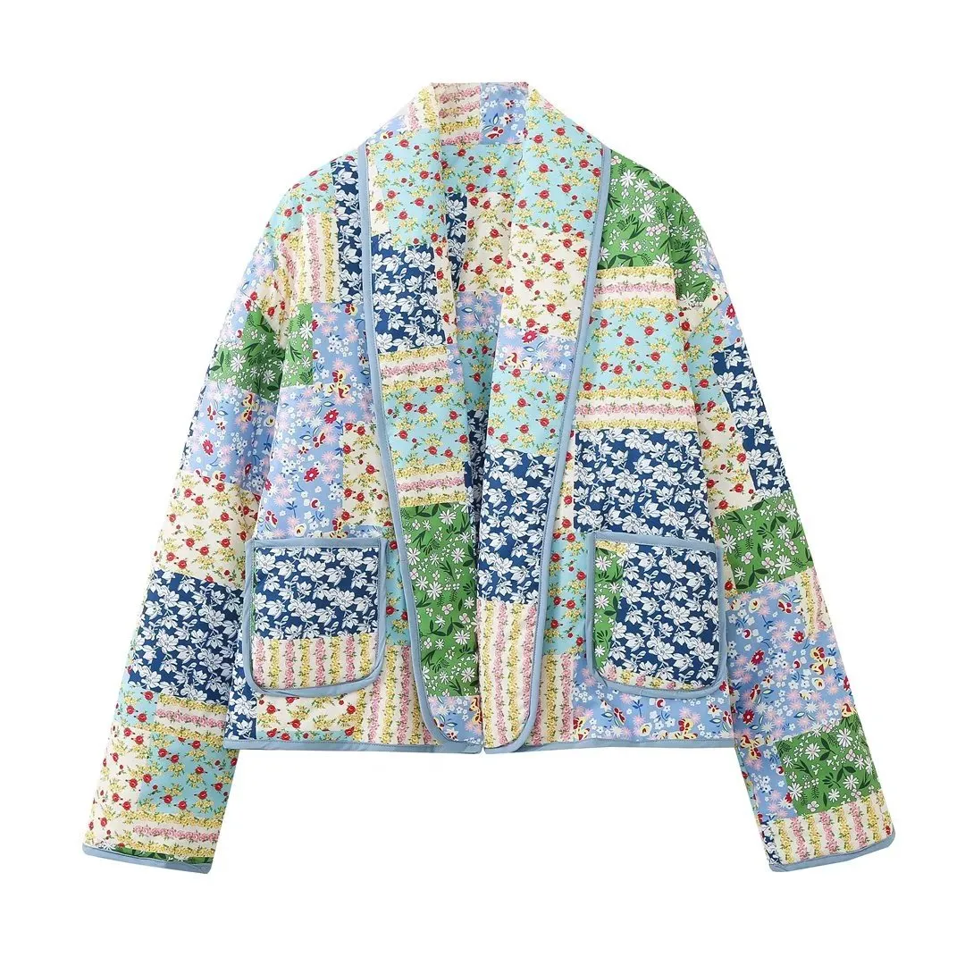 Cross-border women's clothing 2023 autumn and winter printing padded thin short contrasting color cotton-padded jacket women's top M6216