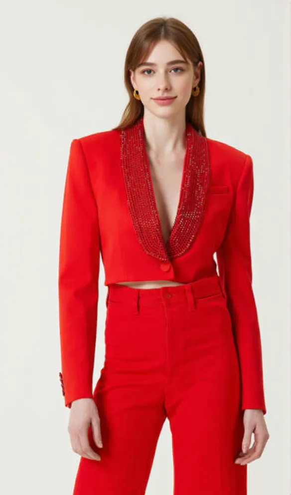 crystal-embellished red cropped blazer set