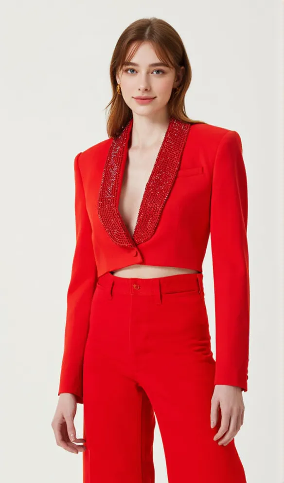 crystal-embellished red cropped blazer set