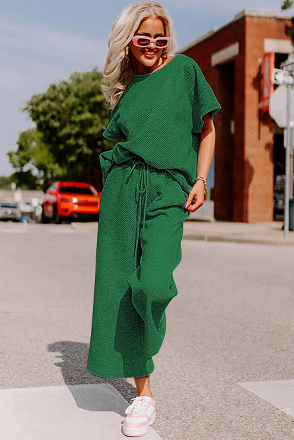 Dark Green Gray Textured Loose Fit T Shirt and Drawstring Pants Set