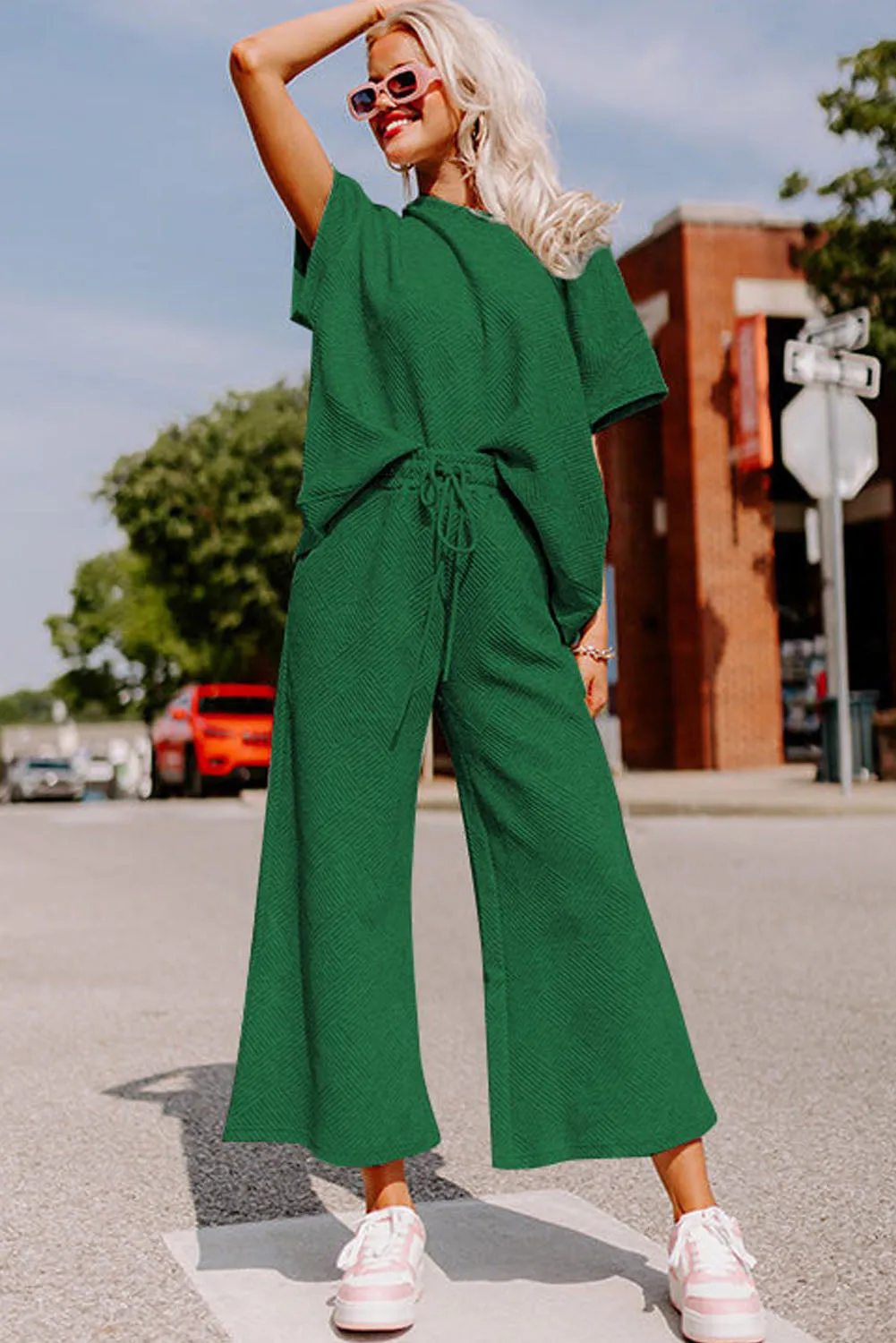 Dark Green Gray Textured Loose Fit T Shirt and Drawstring Pants Set