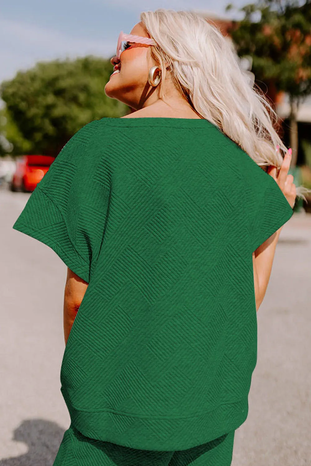 Dark Green Gray Textured Loose Fit T Shirt and Drawstring Pants Set