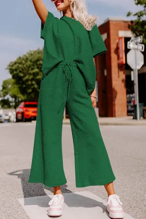 Dark Green Gray Textured Loose Fit T Shirt and Drawstring Pants Set
