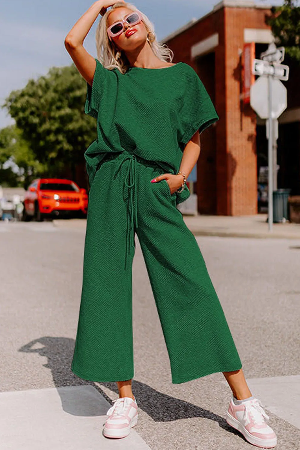 Dark Green Gray Textured Loose Fit T Shirt and Drawstring Pants Set