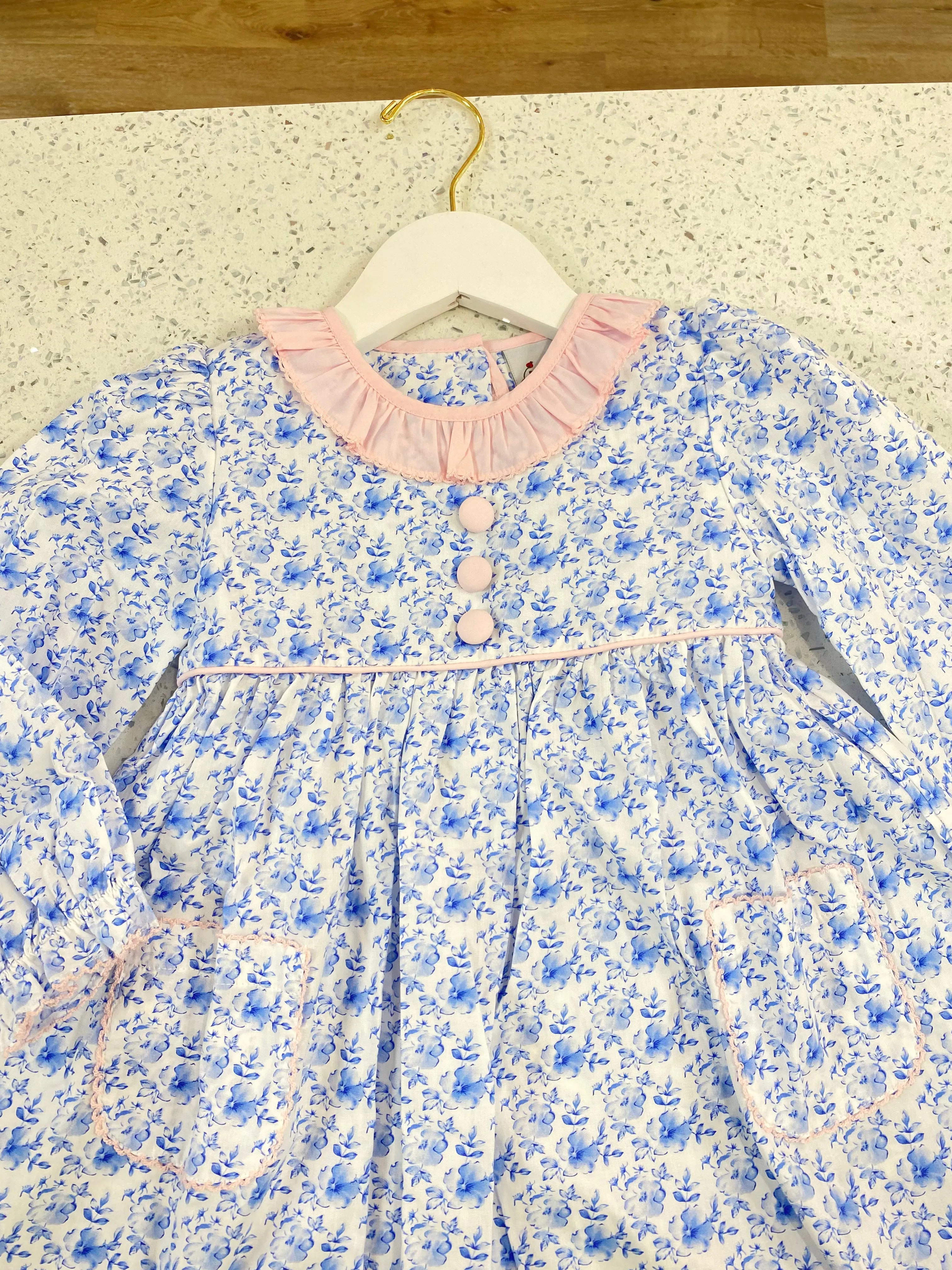 Delaney: Blue Floral Dress w/ Pink Dress & Buttons
