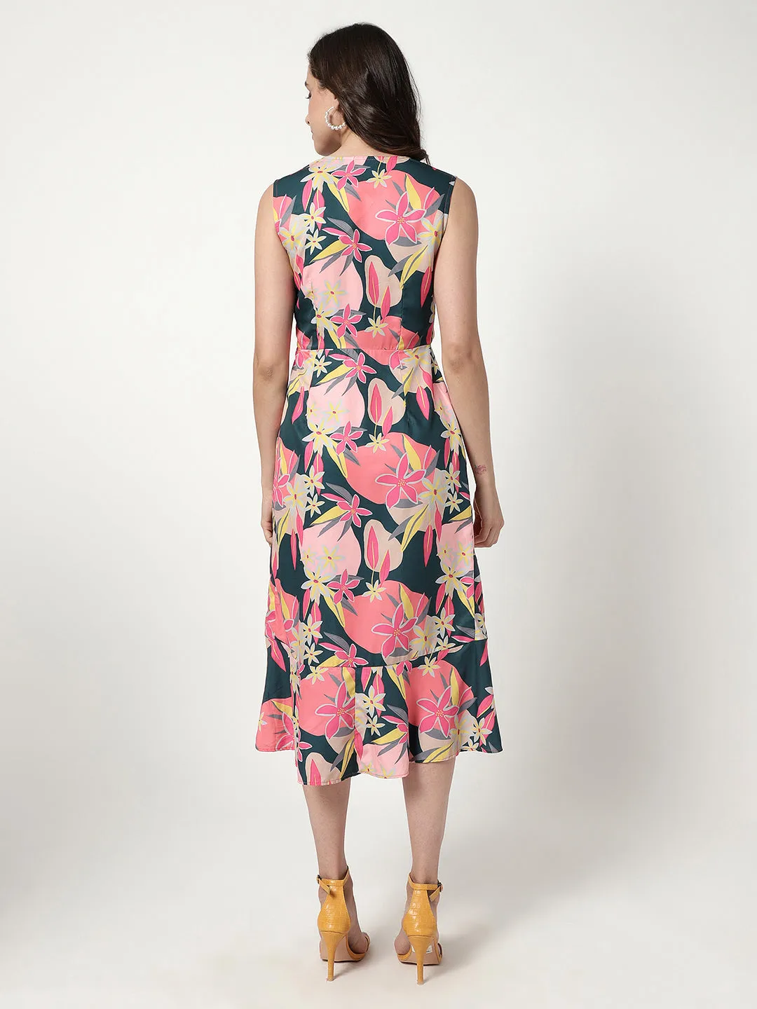 Digital Printed Floral Dress With V-Neckline (Set Of 1)