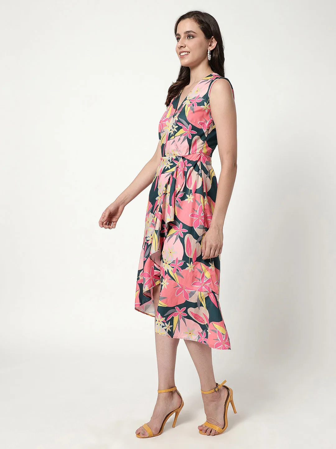 Digital Printed Floral Dress With V-Neckline (Set Of 1)