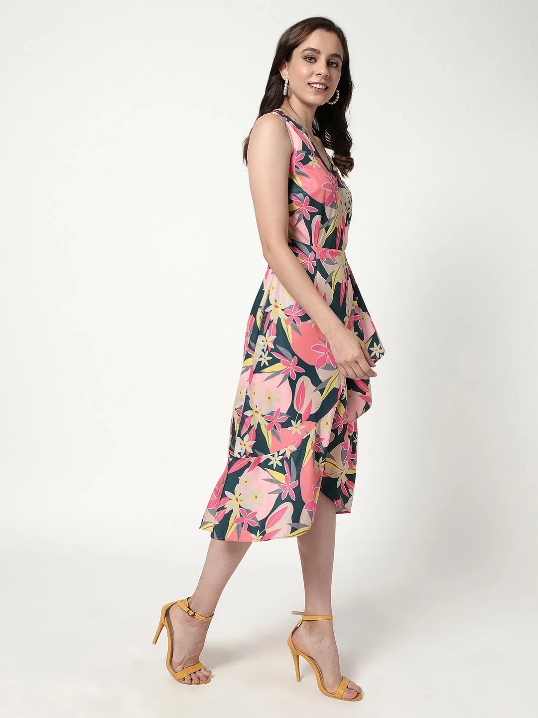 Digital Printed Floral Dress With V-Neckline (Set Of 1)
