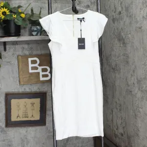 DKNY Womens V-Neck Ruffle Cap Sleeve Sheath Dress DD9J1544 White 4