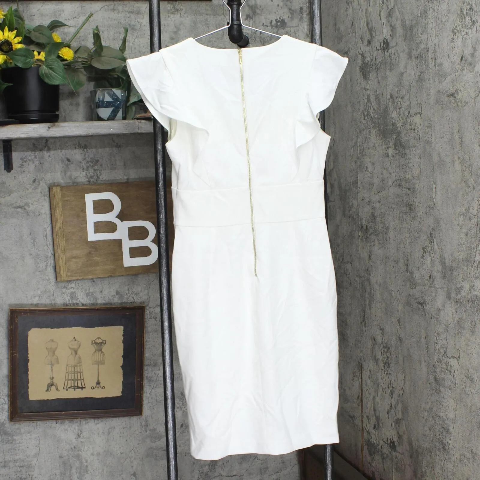 DKNY Womens V-Neck Ruffle Cap Sleeve Sheath Dress DD9J1544 White 4