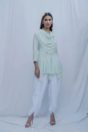Dream Cowl Top in Mint Green and Tulip Dhoti in White - Set