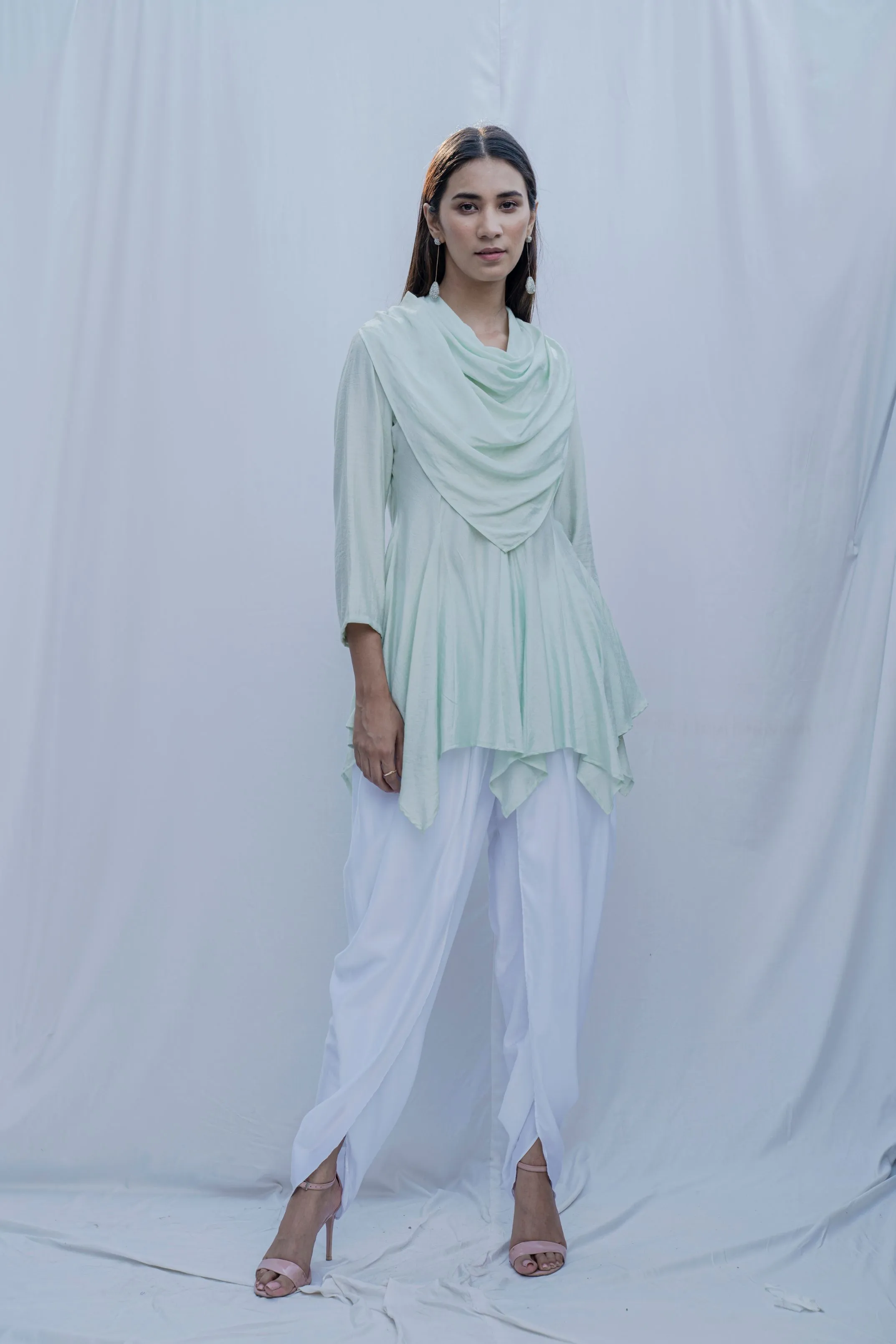 Dream Cowl Top in Mint Green and Tulip Dhoti in White - Set