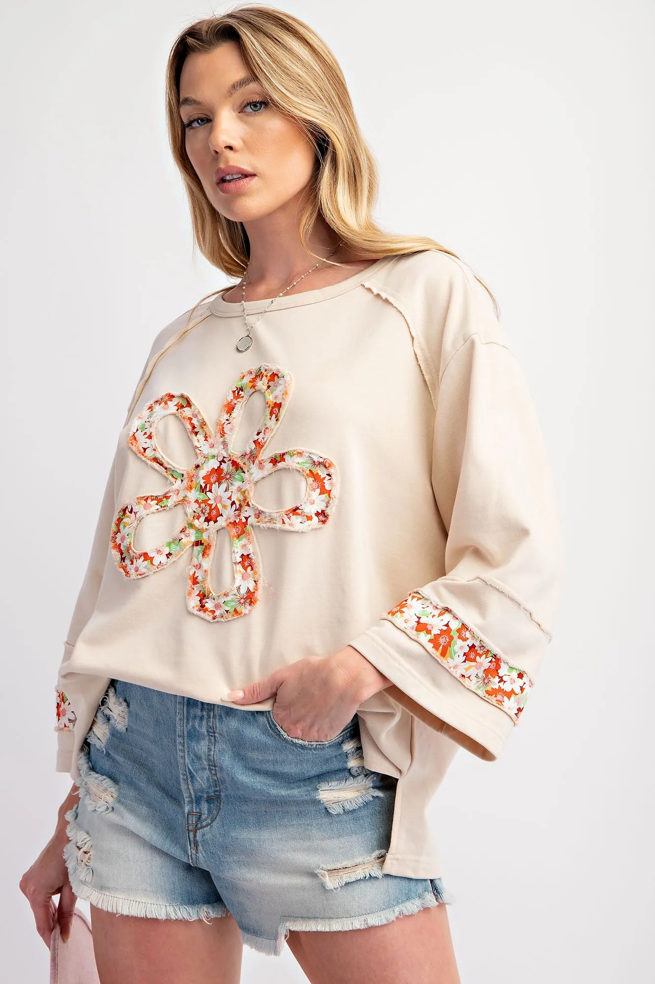 Ecru Flower Patch Terry Knit Top