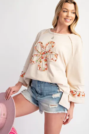Ecru Flower Patch Terry Knit Top