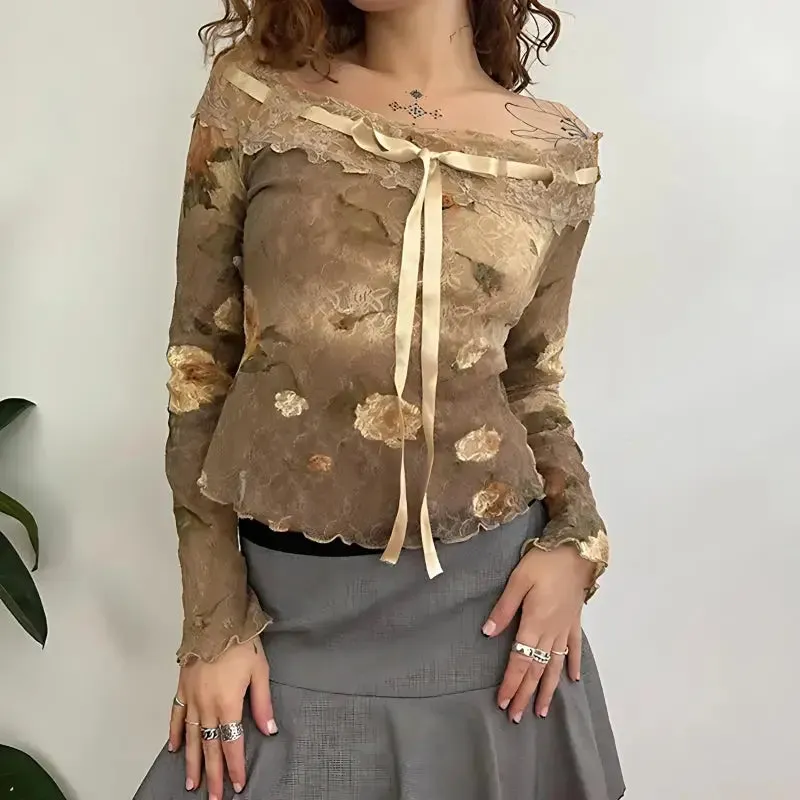 Fairy Grunge Off-Shoulder Lace Top with Floral Print Details