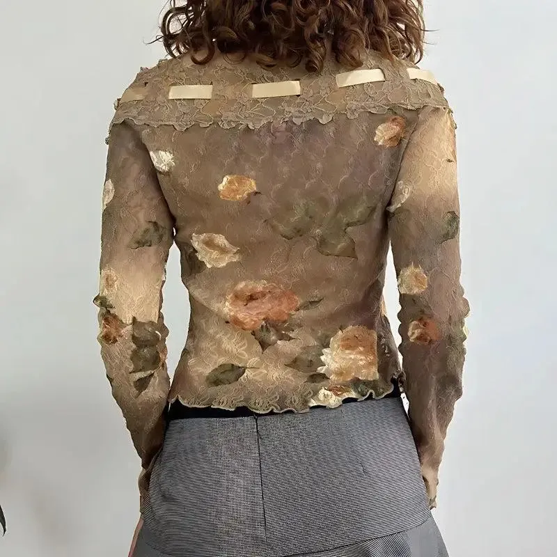Fairy Grunge Off-Shoulder Lace Top with Floral Print Details