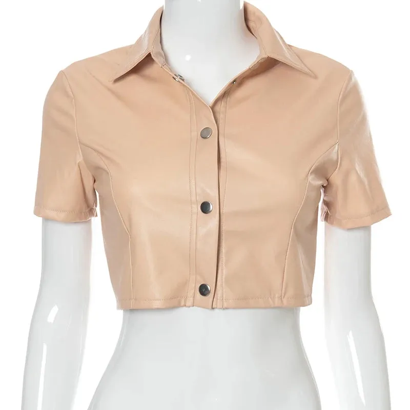 Faux Pu Leather Crop Top Buttons Short Sleeves Bodycon Shirt