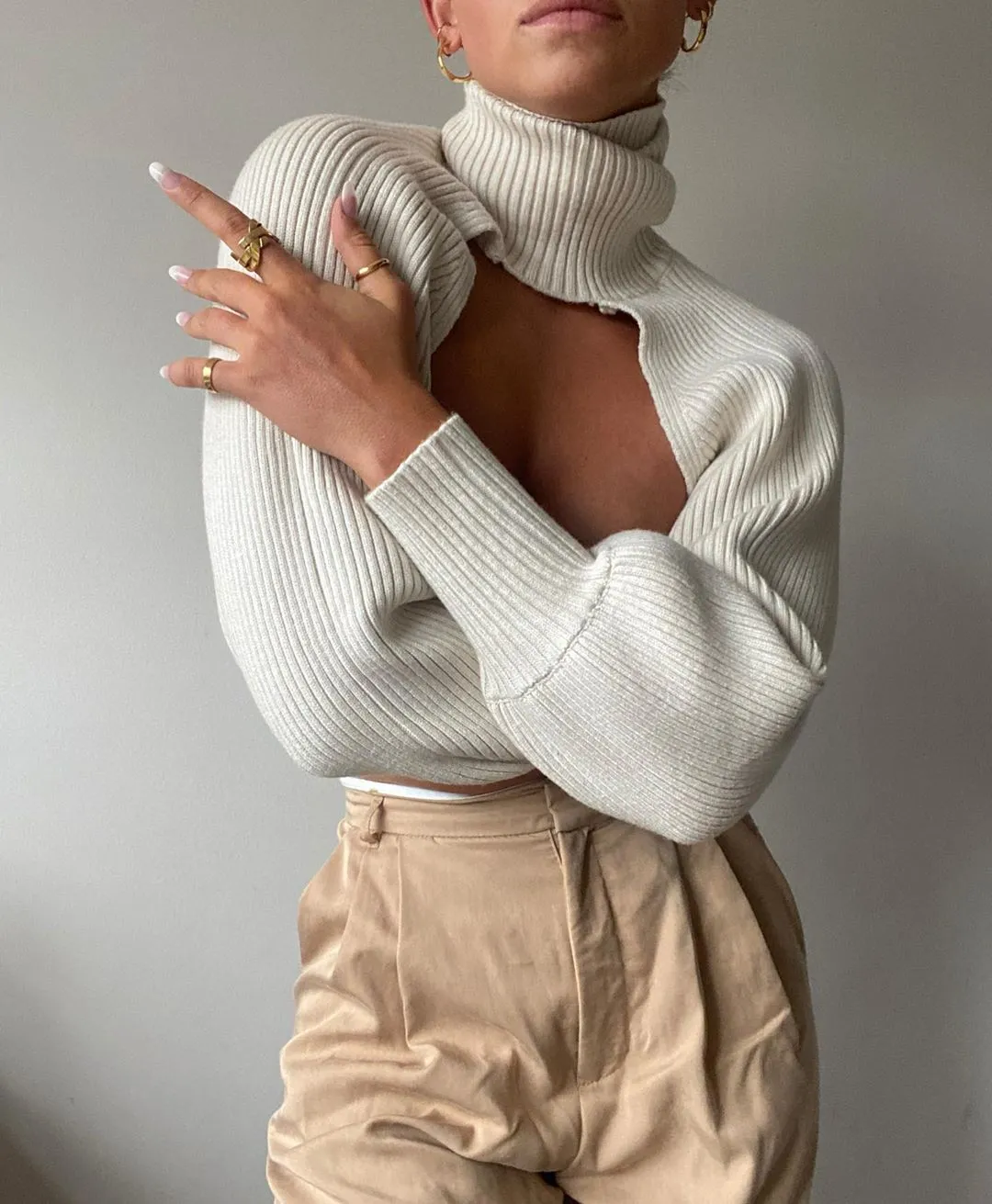 Female Sweater Solid High Collar Long Puff Sleeve Knitwear