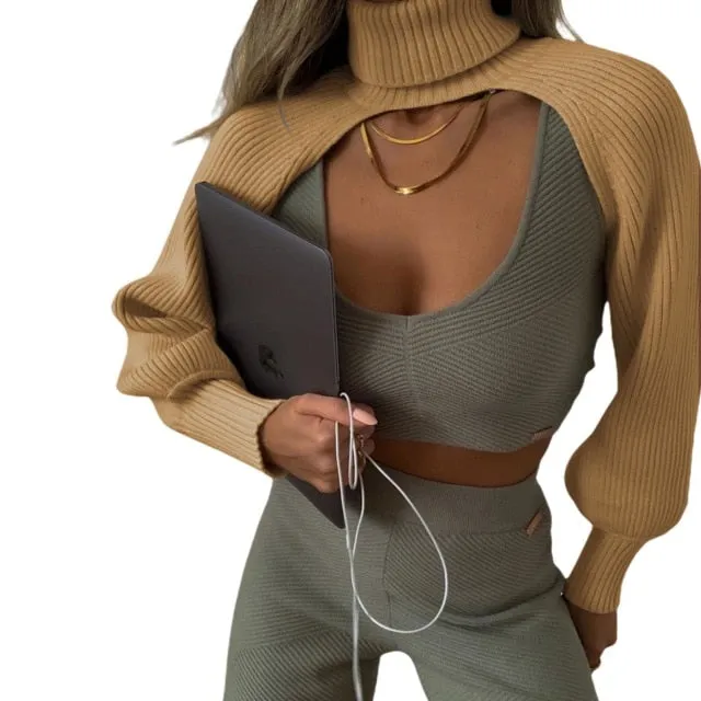 Female Sweater Solid High Collar Long Puff Sleeve Knitwear