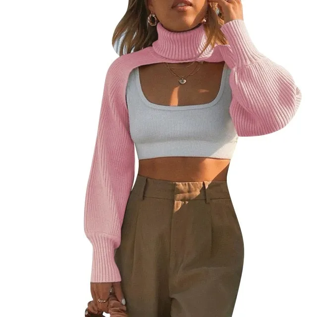 Female Sweater Solid High Collar Long Puff Sleeve Knitwear