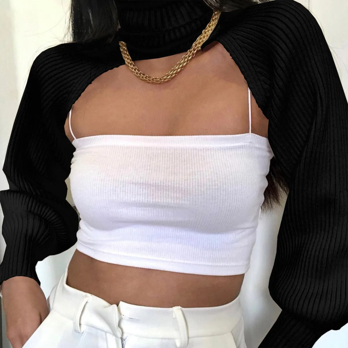 Female Sweater Solid High Collar Long Puff Sleeve Knitwear
