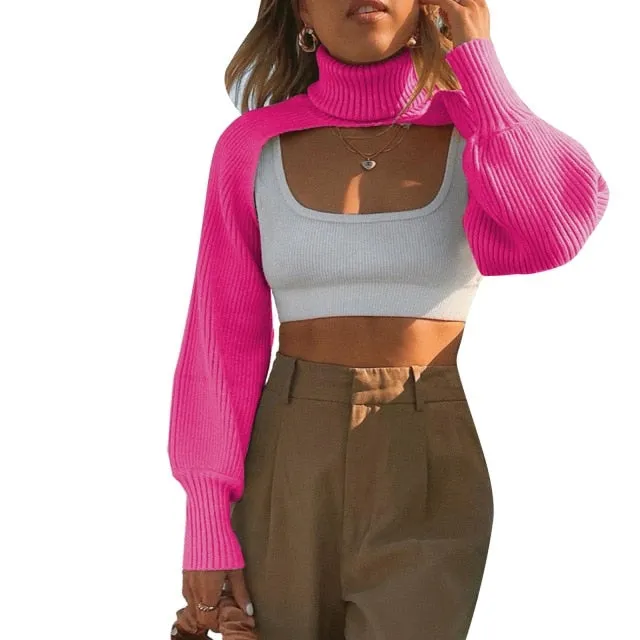 Female Sweater Solid High Collar Long Puff Sleeve Knitwear